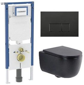 QeramiQ Dely Swirl Toiletset - 36.3x51.7cm - Geberit UP720 Duofix Sigma inbouwreservoir - slim zitting - mat zwarte metalen bedieningsplaat - rechthoekige knoppen - mat zwart SW1237202/SW706193/SW1000768/SW1026258