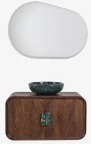 Hangend Badkamermeubelset 95x45 Cm Van Mangohout En Natuurlijke Kivalina-steen Ovaal Led En Anticondens 100x80 Cm Riben & Zonder Kraan & Groen Marmer