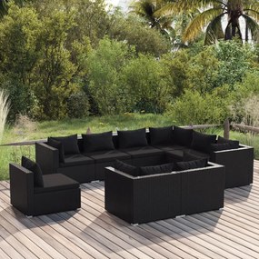 vidaXL 9-delige Loungeset met kussens poly rattan zwart