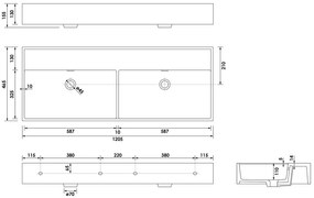 Brauer Lunar dubbele wastafel keramiek 120cm zonder kraangaten wit glans