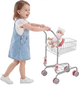 VEVOR Kinderwinkelwagen, Supermarktspeelgoed met inklapbaar zitje voor poppen, Stalen frame en wielen, Opvouwbaar winkelaccessoire met poppenspeelset, Winkelspelletjes voor kinderen vanaf 3 jaar
