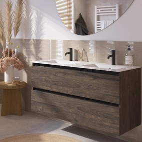 Saqu Gaia badmeubel incl. dubbele keramische wastafel 120x51x61cm kasteel bruin – zwarte greeplijst