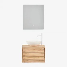 Deleyna Wandgemonteerde Houten Badkamermeubelset Natuurlijk Hout & Rond Cement Wit Ø40 Cm Zavion & Rechthoekige Led En Anticondens 60x70 Cm Tamsin -
