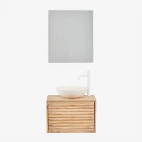 Hangend Badkamermeubelset 60x45 Cm In Hout Deleyna Natuurlijk Hout & Rond Cement Wit Ø40 Cm Zavion & Rechthoekige Led En Anticondens 60x70 Cm Riben -