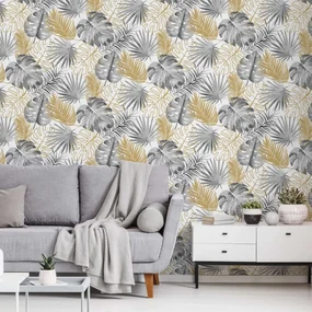 DUTCH WALLCOVERINGS Behang monstera bladeren zwart
