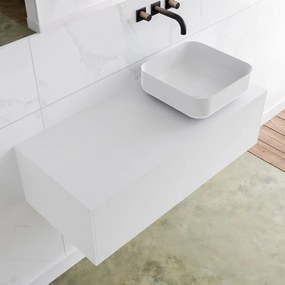 Zaro Lagom volledig naadloos solid surface onderkast met topblad 100cm mat wit met 1 lades Push tot open. Compleet met solid surface opzetkom met 0 kraangat(en)