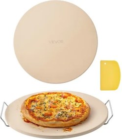 VEVOR Pizzasteen Baksteen 406 x 406 mm, Ronde Cordieriet Pizzasteen, Extra Grote Steenplaat met Schraper &amp; Standaard, 17 mm Dik, Hittebestendig, voor Keukenoven, Broodbakken, Pizzabakken en Grillen