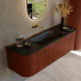 Mondiaz Kurve 140cm badmeubel ronding links/rechts ruby met 1 lade en 2 deuren en wastafel big small midden zonder kraangat urban
