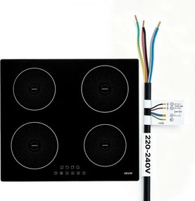 VEVOR 4-zone inductiekookplaat (rond) Inbouw inductiekookplaat 7200 W, inductiekookplaat met 9 vermogensniveaus, LED-touchscreen, glaskeramisch oppervlak en kinderbeveiliging, voor keuken en camper