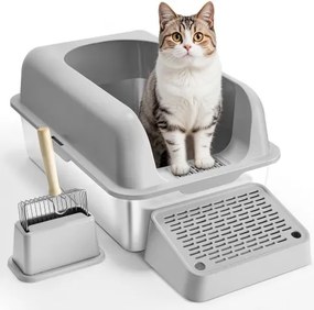 VEVOR kattenbak, 15 cm diep, extra grote kattenbak van roestvrij staal met schepje, brede filterbodem en hoge zijkanten, gesloten, geurloos, gemakkelijk schoon te maken kattenbak, geschikt voor grote katten