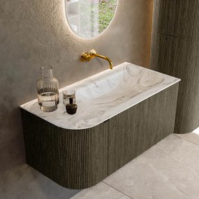 Mondiaz Kurve-dlux 95cm badmeubel ronding links shadow met 1 lade en deur en wastafel big small rechts zonder kraangat glace