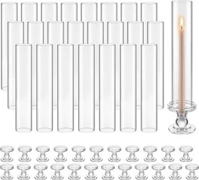 VEVOR 24-delige glazen cilinderset voor kaarsen, stormlantaarns 60x390mm, kaarsenglazen van borosilicaatglas, bodemloze kaarsenkappen met kandelaars, kaarsenhouderhoezen voor bruiloften en Kerstmis