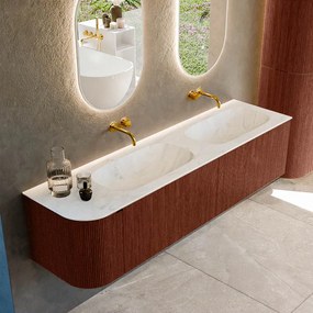 Mondiaz Kurve-dlux 175cm badmeubel ronding links ruby met 2 lades en 1 deur en wastafel stor small dubbel/rechts zonder kraangat opalo