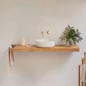Conjunto Van Meubel 130x45 Cm Hangend In Teakhout Neill Teakhout & Rond Keramiek Wit Ø40 Cm Lenka & Spiegelloze & Orveta Inbouwspoelbak In Geborsteld