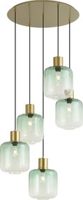Hotel Chique hanglamp messing met blauw en groen glas 5-lichts - Qara