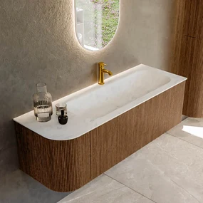 Mondiaz Kurve-dlux 135cm badmeubel ronding links walnut met 1 lade en deur en wastafel big medium kraangat rechts opalo