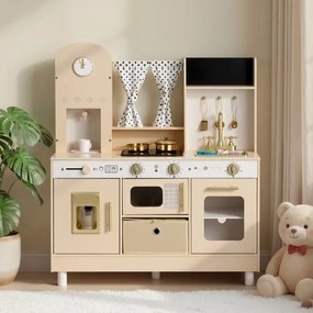 VEVOR Speelkeuken voor kinderen, moderne kinderkeuken met licht en geluid, houten keuken met fornuis, oven, gootsteen, magnetron, ijsdispenser en drankdispenser, keukenspeelgoed met kookset voor kinderen vanaf 3 jaar, beige