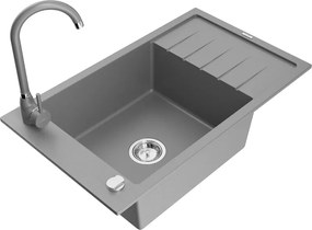 Mexen Elias enkele granieten gootsteen met afdruiprek en keukenmengkraan Telma, grijs - 6511-71-670200-71