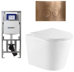 QeramiQ Dely Toiletset - 36.3x51.7cm - diepspoel - rimless - Geberit UP320 Burda inbouwreservoir - softclose toiletzitting - koperen bedieningsplaat - ronde knoppen - wit glans SW543431/0701131/SW706196