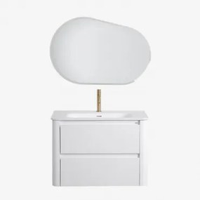 Badkamermeubelset In Hout Met Geïntegreerde Wastafel Egerton Wit & Ovaal Led En Anticondens 100x65 Cm Meunier & Goud ↑20 Cm - Sklum