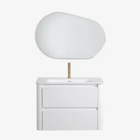 Badkamermeubelset In Hout Met Geïntegreerde Wastafel Egerton Wit & Ovaal Led En Anticondens 100x65 Cm Meunier & Goud ↑20 Cm - Sklum