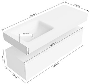 Zaro Alan badmeubel 120cm sand met 1 lade en vrijhangende wastafel links met kraangat wit mat