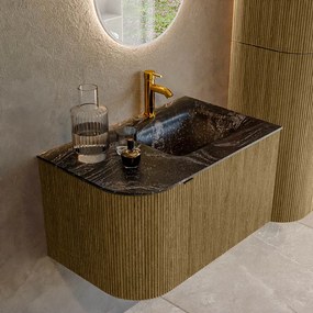 Mondiaz Kurve-dlux 75cm badmeubel ronding links dusk met 1 lade en deur en wastafel grunne kraangat rechts lava