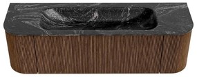 Mondiaz Kurve-dlux 150cm badmeubel ronding links/rechts walnut met 1 lade en 2 deuren en wastafel big medium midden zonder kraangat lava