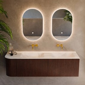Mondiaz Kurve-dlux 155cm badmeubel ronding links ruby met 2 lades en 1 deur en wastafel leaf dubbel/rechts zonder kraangat ostra