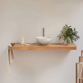 Conjunto Van Meubel 130x45 Cm Hangend In Teakhout Neill Teakhout & Rond Wit Keramiek Ø30 Cm Calgari & Spiegelloze & Geborsteld Grijs - Sklum