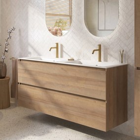 Saqu Terra voorgemonteerd badmeubel incl. glans witte keramische wastafel 141x46cm denver eiken