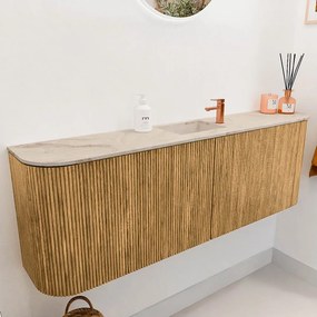 Mondiaz Joya DLux 125cm toiletmeubel ronding links/rechts oak met wastafel faye midden 1 kraangat frappe