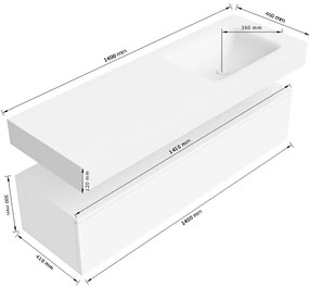 Zaro Alan badmeubel 140cm talc 1 lade met vrijhangende wastafel cloud rechts 1 kraangat urban