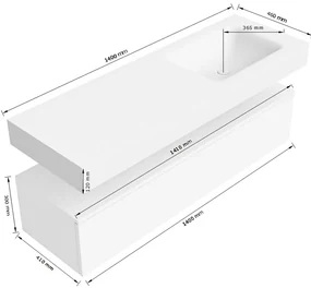 Zaro Alan badmeubel 140cm talc 1 lade met vrijhangende wastafel cloud rechts 1 kraangat talc