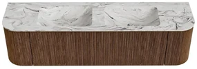 Mondiaz Kurve-dlux 170cm badmeubel ronding links/rechts walnut met 1 lade en 2 deuren en wastafel leaf dubbel zonder kraangat glace