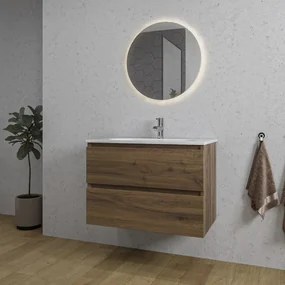 Adema Chaci Badkamermeubelset - 80x46x57cm - 1 ovale keramische wasbak wit - 1 kraangat - 2 lades - ronde spiegel met verlichting - noten (hout) SW1212764/SW718717/SW108328