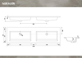 Brauer Solar Slim dubbele wastafel mineraalmarmer 160cm zonder kraangaten wit glans