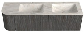 Mondiaz Kurve-dlux 155cm badmeubel ronding links shadow met 2 lades en 1 deur en wastafel leaf dubbel/rechts 2 kraangaten ostra