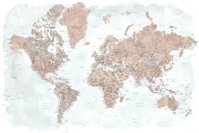 Kaart Neutrals and muted blue watercolor world map with cities, Calista, Blursbyai