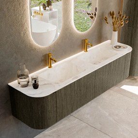 Mondiaz Kurve-dlux 180cm badmeubel ronding links/rechts shadow met 2 lades en deuren en wastafel leaf dubbel 2 kraangaten frappe