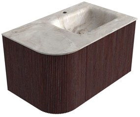Mondiaz Kurve-dlux 75cm badmeubel ronding links ruby met 1 lade en deur en wastafel grunne kraangat rechts frappe