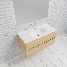 Zaro Sevilla Solid Surface badmeubel 100cm licht eiken zonder kraangat spoelbak midden met 2 lades