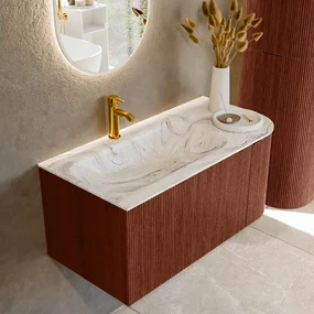 Mondiaz Kurve-dlux 95cm badmeubel ronding rechts ruby met 1 lade en deur en wastafel big small kraangat links glace