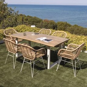 Rechthoekige Tafelset 180x90 Cm In Acaciahout En Maupi-staal En 6 Zole Kunststof Rieten Tuinstoelen Gardenia Wit & Geen Kussen - Sklum