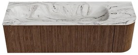 Mondiaz Kurve-dlux 145cm badmeubel ronding rechts walnut met 1 lade en deur en wastafel big large links 2 kraangaten glace