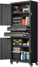 VEVOR metalen opbergkast, garagekast met 4 deuren, 2 laden, 4 wielen, 2 verstelbare planken, 1905 mm hoge kast, 81,5 kg draagvermogen, multifunctionele kast voor garage, kantoor, werkplaats, zwart