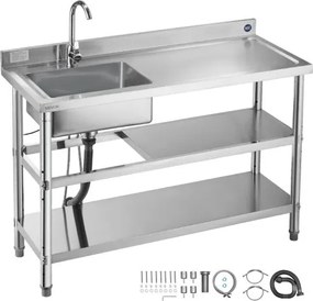 VEVOR RVS spoelbak (120 x 50 x 94 cm), enkele kom met kraan en 2 opbergvakken, keukenspoelbak voor garagerestaurant, buitenwasbak met werkblad (rechts)