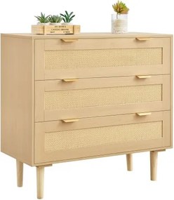 VEVOR Rattan Commode met 3 Laden, Metalen Handgrepen & Houten Poten, Moderne Rattan Kast voor Slaapkamer, Woonkamer, Hal (80 x 35 x 77 cm) Kledingkast, Ladekast