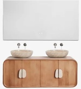 Dubbel Zwevend Badkamermeubelset 130x45 Cm Van Mangohout En Natuurlijke Kivalina-steen Travertijn - Mangohout & 2 X Ronde Travertijn Ø40 Cm Eskel -
