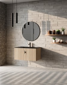 Muebles Raya badmeubel ribbelfront 80cm naturel eiken met zwarte wastafel met kraangat